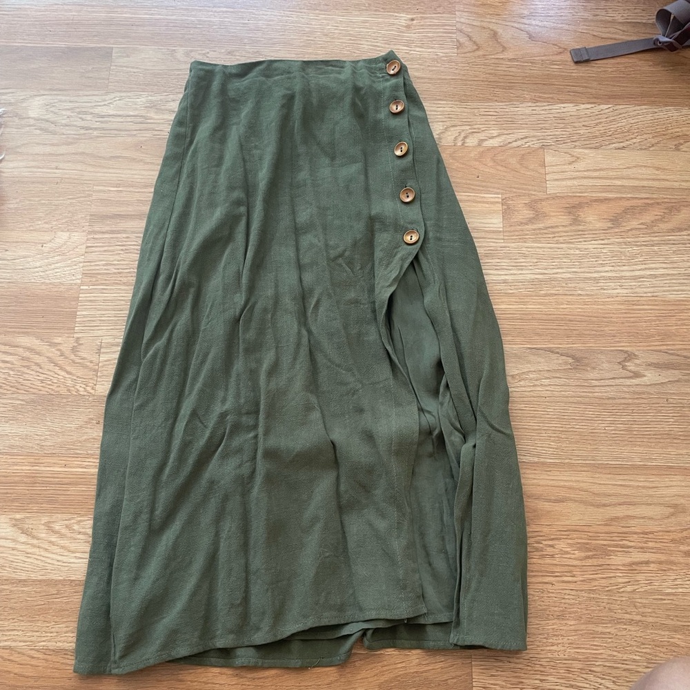 Olive green linen midi skirt